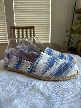 TOMS Slip-on Espadrilles Umbrella Alpargata Canvas Linen Blue White Stripe 8.5